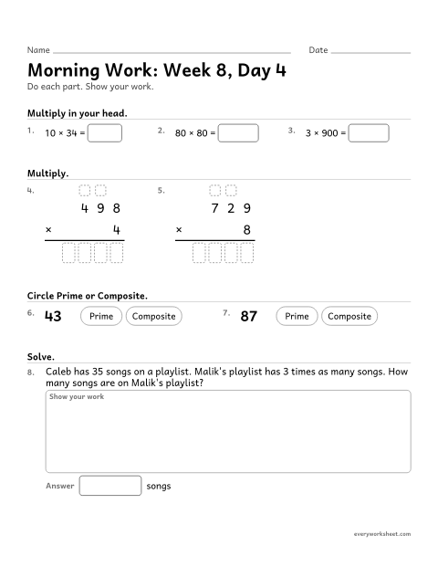 Preview of the printable “Morning Work: week 8, day 4” worksheet: mixed 4th grade math review