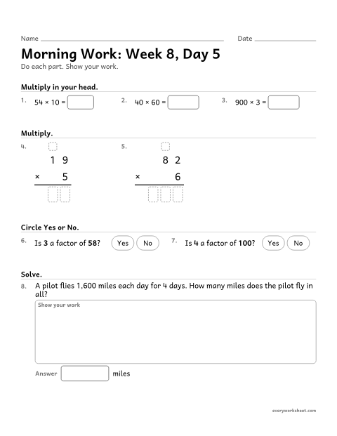 Preview of the printable “Morning Work: week 8, day 5” worksheet: mixed 4th grade math review