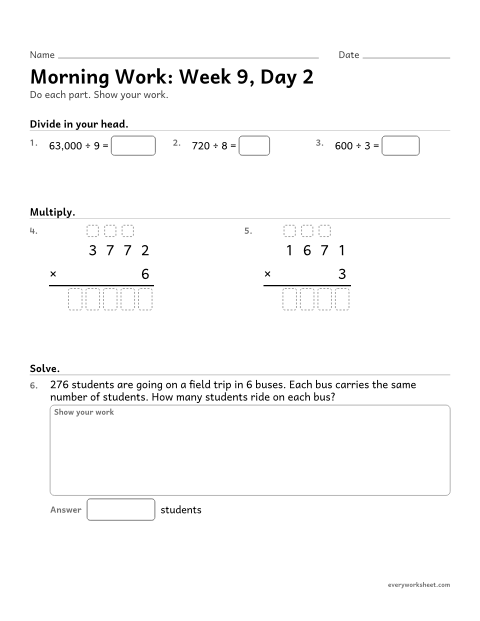 Preview of the printable “Morning Work: week 9, day 2” worksheet: mixed 4th grade math review