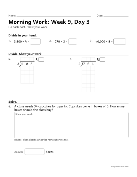 Preview of the printable “Morning Work: week 9, day 3” worksheet: mixed 4th grade math review