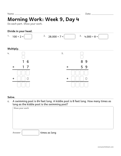 Preview of the printable “Morning Work: week 9, day 4” worksheet: mixed 4th grade math review