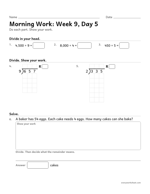 Preview of the printable “Morning Work: week 9, day 5” worksheet: mixed 4th grade math review