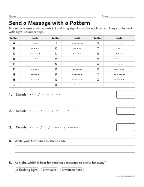 Preview of the printable “Morse code Worksheet: send a message with patterns” worksheet: using a pattern code to send and decode information