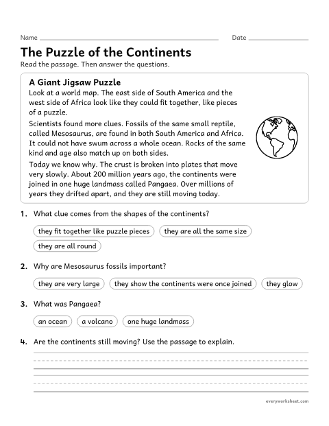 Preview of the printable “Plate tectonics reading passage for 4th grade” worksheet: explaining evidence that Earth's plates and continents move