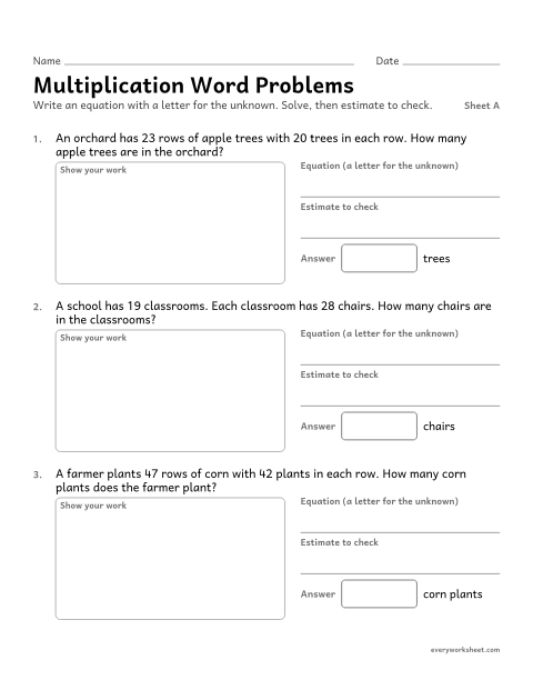 Preview of the printable “Multiplication word Problems, sheet A” worksheet: multiplying multi-digit numbers in stories