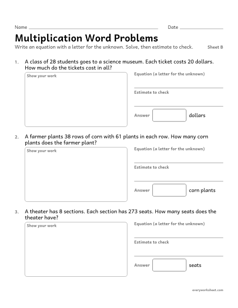 Preview of the printable “Multiplication word Problems, sheet B” worksheet: multiplying multi-digit numbers in stories