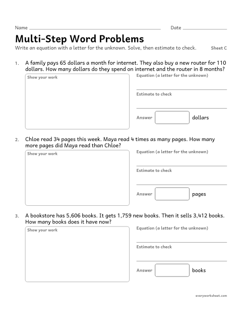 Preview of the printable “Multi-Step word Problems, sheet C” worksheet: multi-step word problems with an equation and an estimate