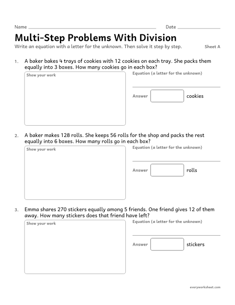 Preview of the printable “Multi-Step problems with Division, sheet A” worksheet: multi-step word problems that include division