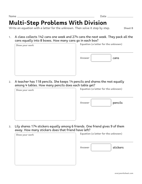 Preview of the printable “Multi-Step problems with Division, sheet B” worksheet: multi-step word problems that include division