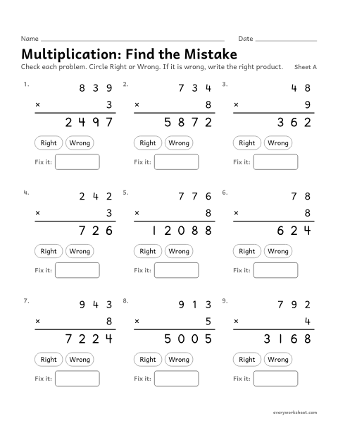 Preview of the printable “Multiplication: find the Mistake, sheet A” worksheet: finding mistakes in multi-digit multiplication