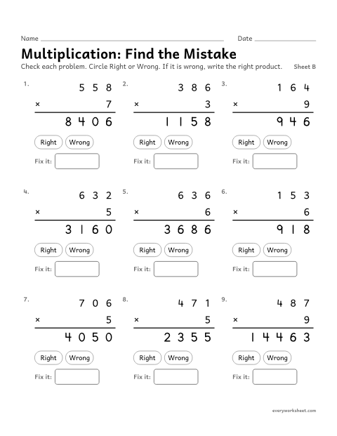 Preview of the printable “Multiplication: find the Mistake, sheet B” worksheet: finding mistakes in multi-digit multiplication