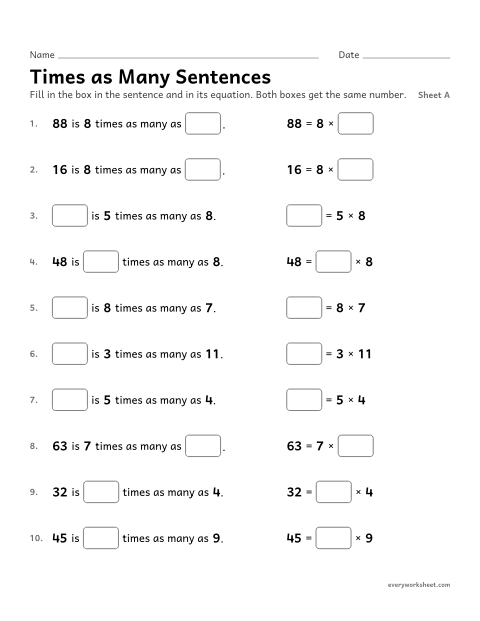 Preview of the printable “Times as many Sentences, sheet A” worksheet: writing multiplication equations as comparisons