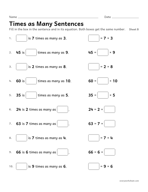 Preview of the printable “Times as many Sentences, sheet B” worksheet: writing multiplication equations as comparisons