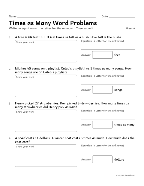 Preview of the printable “Times as many word Problems, sheet A” worksheet: multiplicative comparison word problems