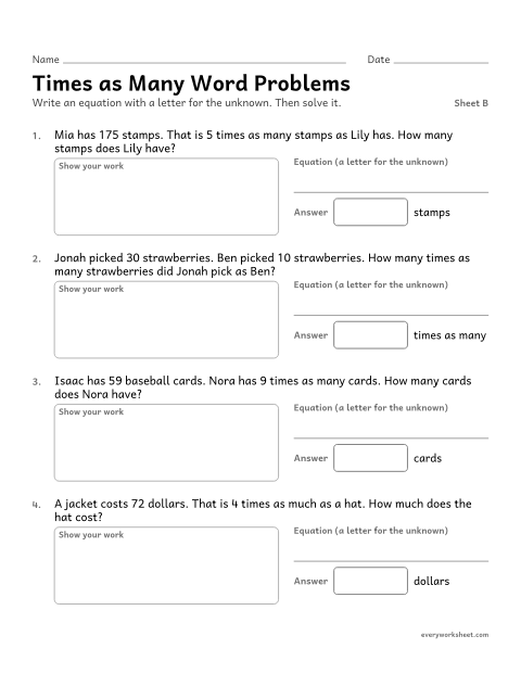 Preview of the printable “Times as many word Problems, sheet B” worksheet: multiplicative comparison word problems