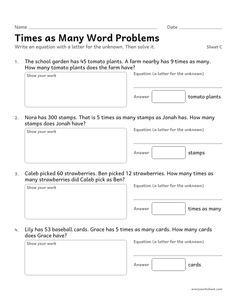 Preview of the printable “Times as many word Problems, sheet C” worksheet: multiplicative comparison word problems