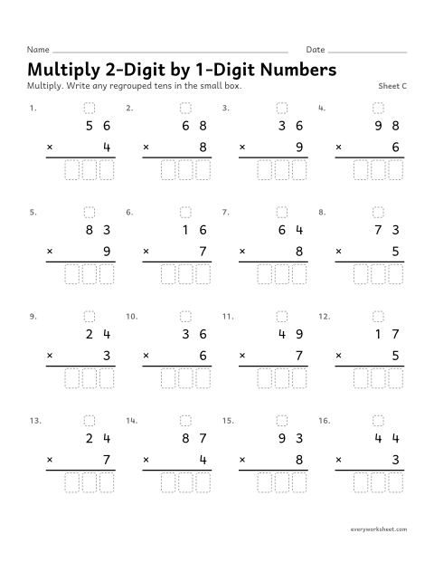 Preview of the printable “Multiply 2-Digit by 1-Digit Numbers, sheet C” worksheet: multiplying a 2-digit number by a 1-digit number