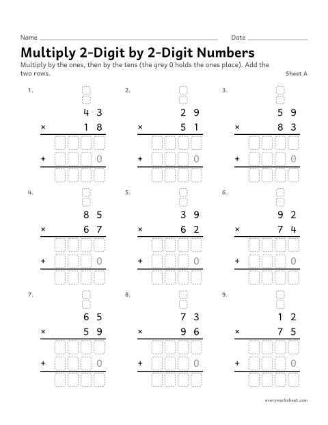 Preview of the printable “Multiply 2-Digit by 2-Digit Numbers, sheet A” worksheet: multiplying two 2-digit numbers