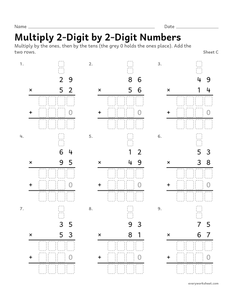 Preview of the printable “Multiply 2-Digit by 2-Digit Numbers, sheet C” worksheet: multiplying two 2-digit numbers