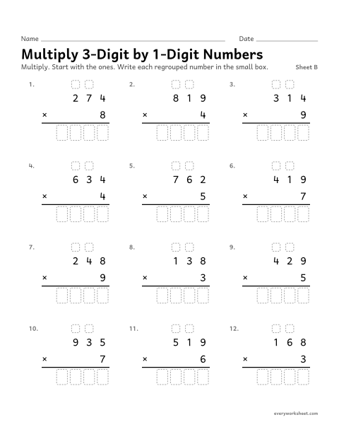 Preview of the printable “Multiply 3-Digit by 1-Digit Numbers, sheet B” worksheet: multiplying a 3-digit number by a 1-digit number