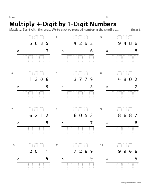 Preview of the printable “Multiply 4-Digit by 1-Digit Numbers, sheet B” worksheet: multiplying a 4-digit number by a 1-digit number