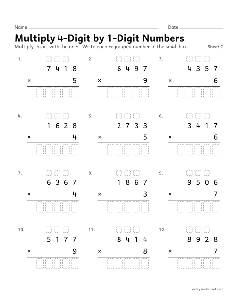 Preview of the printable “Multiply 4-Digit by 1-Digit Numbers, sheet C” worksheet: multiplying a 4-digit number by a 1-digit number