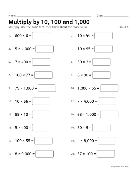 Preview of the printable “Multiply by 10, 100 and 1,000, sheet C” worksheet: multiplying by 10, 100, 1,000 and their multiples