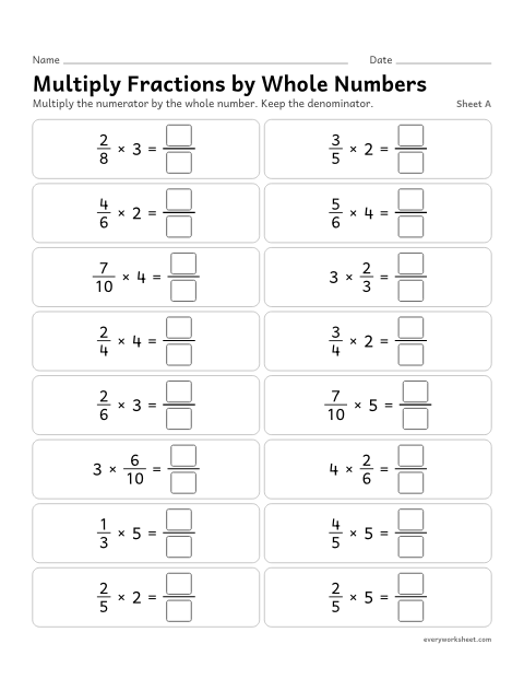 Preview of the printable “Multiply fractions by whole Numbers, sheet A” worksheet: multiplying a fraction by a whole number: multiply the numerator, keep the denominator