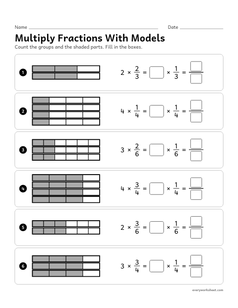 Preview of the printable “Multiply fractions with models” worksheet: showing n × (a/b) as n groups of a/b, then as (n × a) unit fractions, with fraction bars