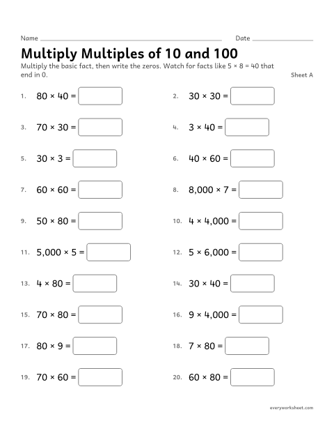 Preview of the printable “Multiply multiples of 10 and 100, sheet A” worksheet: multiplying multiples of 10 and 100