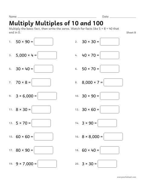 Preview of the printable “Multiply multiples of 10 and 100, sheet B” worksheet: multiplying multiples of 10 and 100