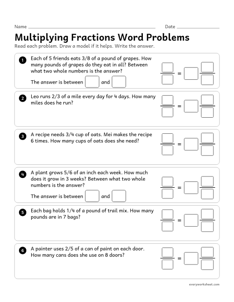 Preview of the printable “Multiplying fractions word problems” worksheet: solving word problems that multiply a fraction by a whole number, and saying between which whole numbers the answer lies