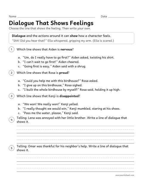 Preview of the printable “Dialogue that shows feelings” worksheet: using dialogue and actions to show how characters feel