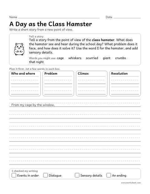 Preview of the printable “A day as the class hamster” worksheet: writing a first-person short story with sensory details from an imagined point of view