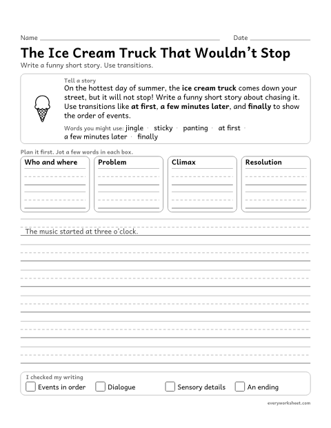 Preview of the printable “The ice cream truck that Wouldn't stop” worksheet: using transitional words and phrases to manage the sequence of events in a short story