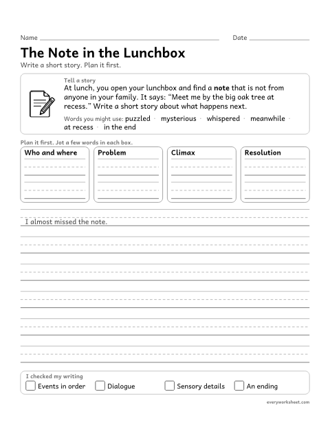 Preview of the printable “The note in the lunchbox” worksheet: writing a short story with a clear situation and a natural sequence of events