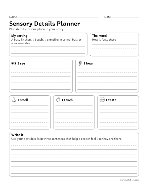Preview of the printable “Sensory details planner” worksheet: brainstorming sensory details for a story setting, then using them in sentences