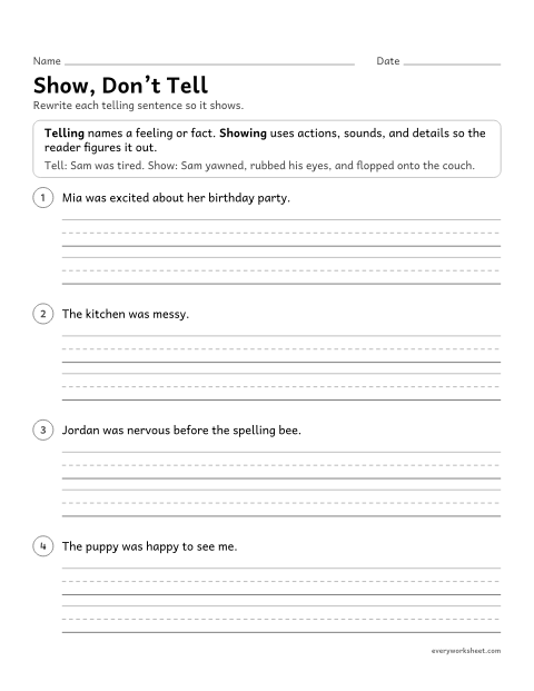 Preview of the printable “Show, Don't tell” worksheet: rewriting telling sentences with concrete actions and sensory details that show
