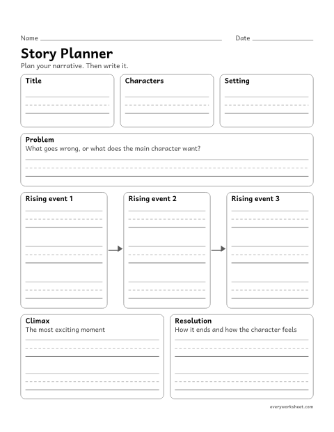 Preview of the printable “Story planner” worksheet: planning a narrative: characters, setting, problem, rising events, climax, and resolution