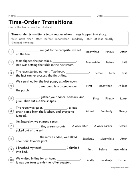 Preview of the printable “Time-Order transitions” worksheet: choosing transitional words and phrases that show the order of events in a story