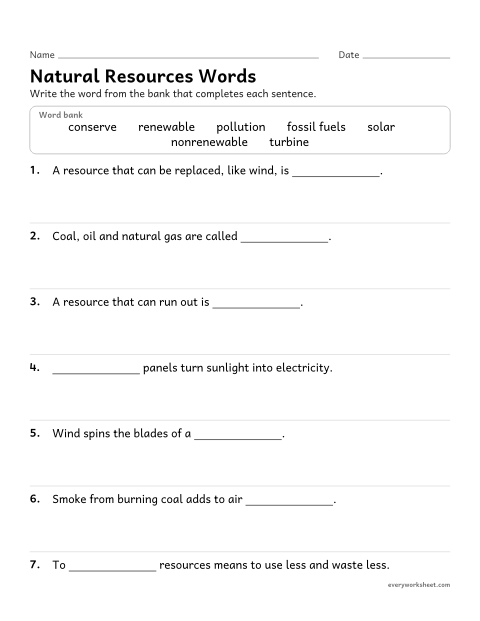 Preview of the printable “Natural resources vocabulary worksheet” worksheet: using natural resources vocabulary in context