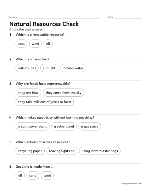 Preview of the printable “Natural resources quiz for 4th grade” worksheet: reviewing renewable and nonrenewable resources and their effects