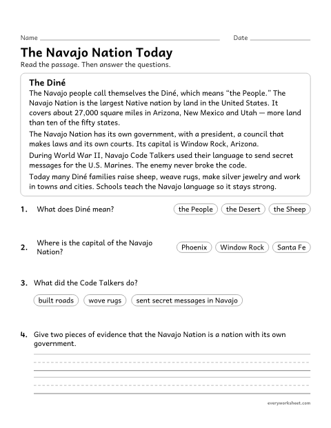 Preview of the printable “The navajo nation Today: reading passage” worksheet: describing a present-day Native nation, its government and its history