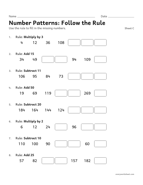 Preview of the printable “Number Patterns: follow the Rule, sheet C” worksheet: generating a number pattern from a rule