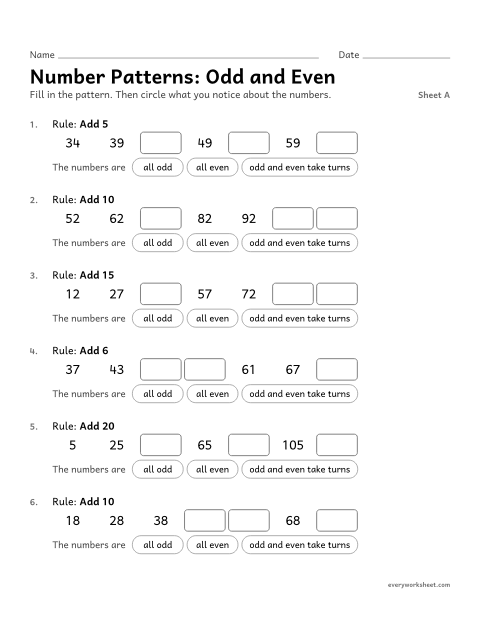 Preview of the printable “Number Patterns: odd and Even, sheet A” worksheet: noticing features of a pattern that the rule does not state