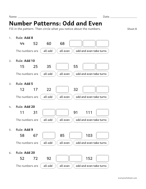 Preview of the printable “Number Patterns: odd and Even, sheet B” worksheet: noticing features of a pattern that the rule does not state