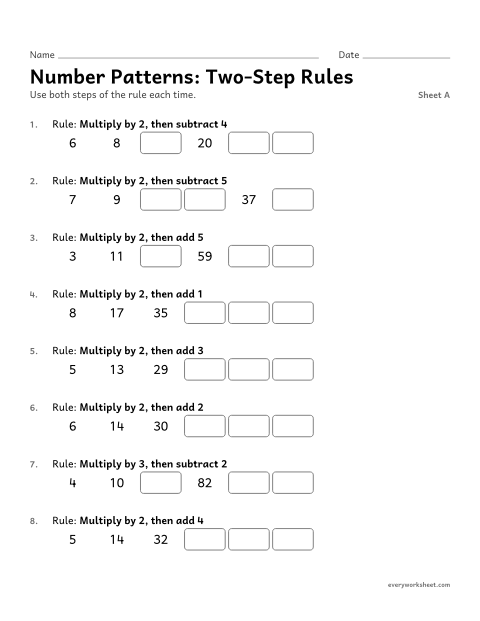 Preview of the printable “Number Patterns: Two-Step Rules, sheet A” worksheet: number patterns with a two-step rule