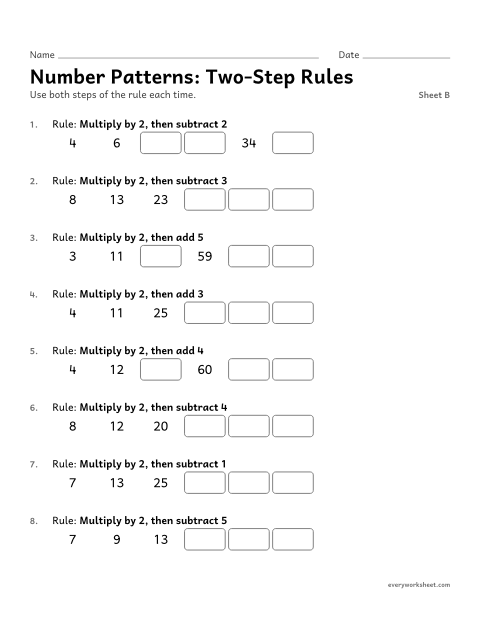 Preview of the printable “Number Patterns: Two-Step Rules, sheet B” worksheet: number patterns with a two-step rule