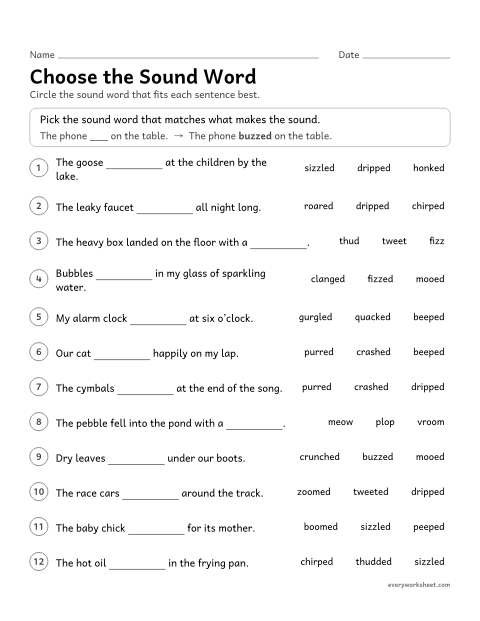 Preview of the printable “Choose the sound word” worksheet: choosing the onomatopoeia that fits a sentence