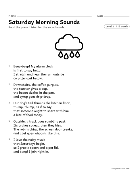 Preview of the printable “Saturday morning sounds” worksheet: finding onomatopoeia in a poem and explaining how sound words help the reader